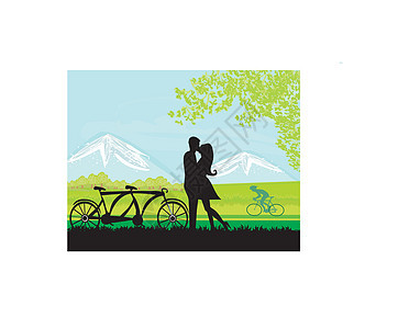 可爱的年轻情侣们站在公园里 相爱的情侣男生插图女性新娘情绪自行车纪念日阴影女士日落图片