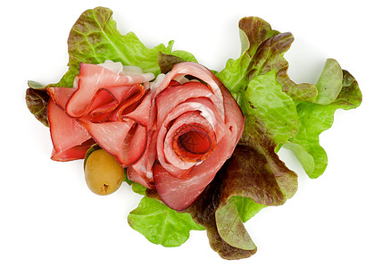 Prosciutto和绿白色生活方式冷盘养护奢华猪肉小吃火腿美食家红色图片