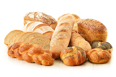 面包摆拍面包和卷饼的构成 白纸上隔绝亚麻杂货店种子小麦大麦面团向日葵糕点粮食产品背景