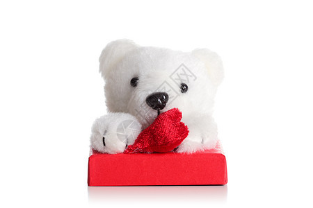 泰迪熊在红色礼物盒上娃娃玩具玩具熊白色概念展示礼物毛皮爪子盒子图片