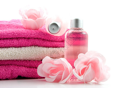 粉红彩色浴浴配件沐浴露身体蒸汽奢华白色花朵打扫治疗洗澡淋浴图片