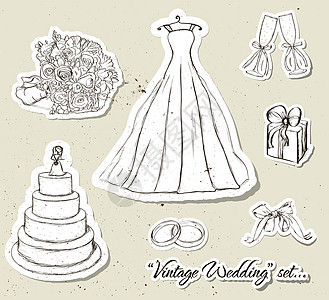 古老的婚礼套装花束裙子礼帽已婚戒指展示收藏海报卡通片卡片图片