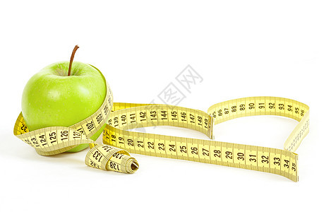 绿色苹果 有测量磁带和心脏符号 孤立午餐饮食厘米水果活力营养食物损失仪表减肥图片