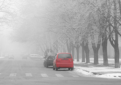 寒冬清晨 镇上起雾红色汽车街道树木黑色白色图片