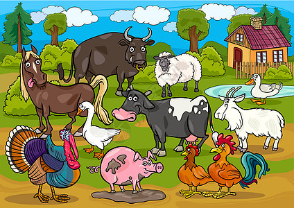 农场家畜的乡村景象漫画插图图片