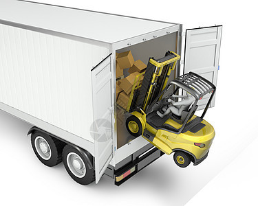 来自无担保半拖车的叉式运货卡车安全机器装载机搬运工贮存车辆仓库工人木偶货物图片