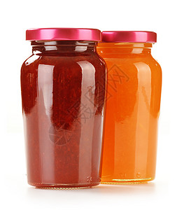 两罐水果果酱 在白白色上隔离厨房覆盆子玻璃产品购物早餐杂货店图片