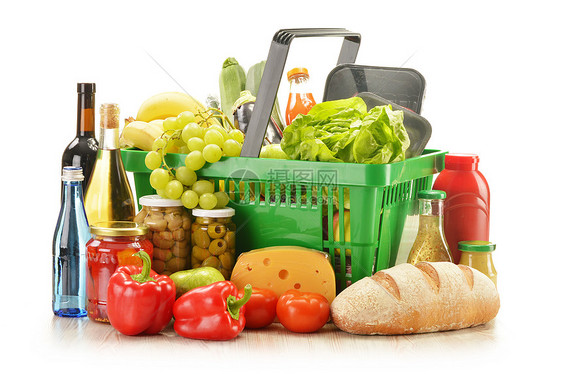 购物篮中杂货食品的组装成分厨房果汁烘烤瓶子面包蔬菜胡椒均衡白色水果图片
