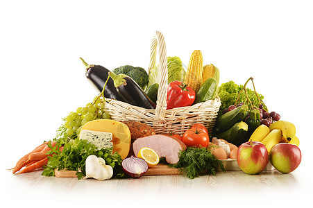 厨房餐桌上菜篮里有杂货的食品柳条黄瓜蔬菜茄子水果篮子火腿花园香菜南瓜图片