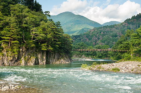 日本风景溪流山脉蓝色天蓝色松树石头日落急流远景荒野图片