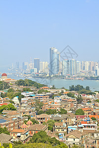 中国古朗玉岛的Xiamen空中观察城市天空海岸线蓝色建筑学远景地平线场景海岸房屋图片