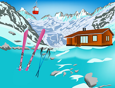 阿尔卑斯山度假胜地冬季运动滑雪休息冰川蓝色旅游山脉冻结爬坡季节闲暇艺术全景图片