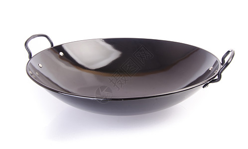 OK Asia烹饪wok在背景上商业投掷厨房平底锅黑色食物工具用具金属厨具图片