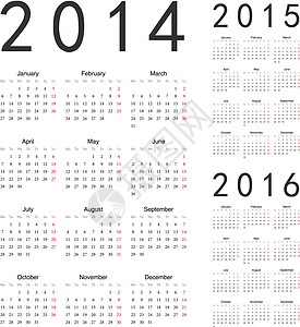欧洲 2014 年 2015 年 2016 年矢量日历闰年办公室日程季节商业数字红色时间规划师卡片图片