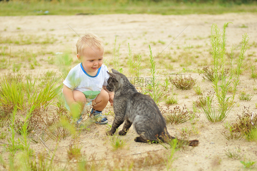 可爱的男孩玩猫猫乐趣孩子小猫快乐猫咪金发宠物喜悦感情童年图片