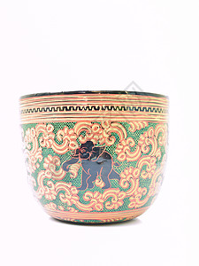 脱胎漆器一个艺术的花瓷碗 上面有被随意孤立的象像风格手工红色漆器白色装饰黑色手工业绿色装饰品背景