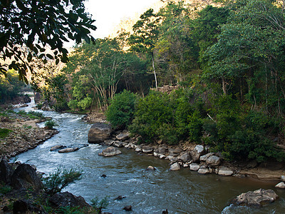 泰国清迈Ob Luang国家公园的溪流天空风景森林荒野旅游热带蓝色石头娱乐流动图片