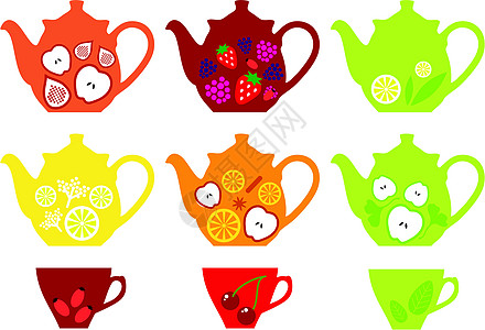 茶壶和含水果的杯子草本植物营养茶点覆盆子柠檬插图早餐薄荷叶子厨具图片
