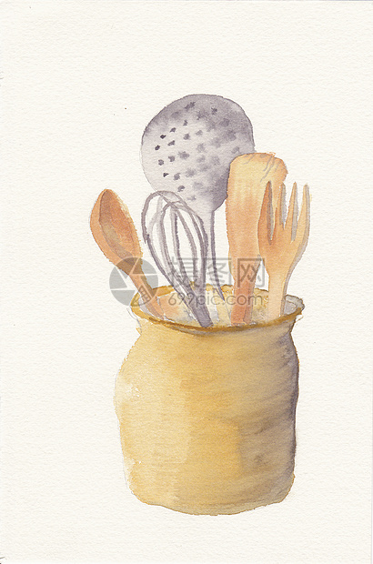 锅里茶壶勺子的手画水彩色图片