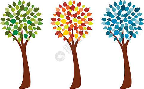 矢量树季节插图红色花园曲线叶子蓝色美丽绿色木头背景图片