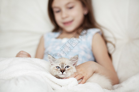 小孩和猫儿童及小猫毛皮动物友谊舞会猫科动物情怀女儿孩子宠物快乐背景
