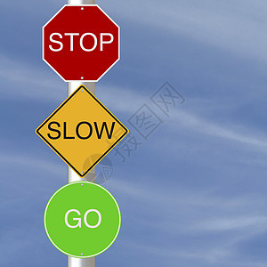 停止慢跳钻石标志圆圈红色信号灯交通蓝色绿色黄色天空图片