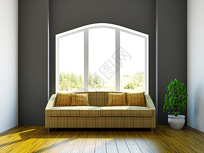 带沙发和植物的房间座位公寓装饰软垫休息室风格工作室窗户阳光长沙发图片