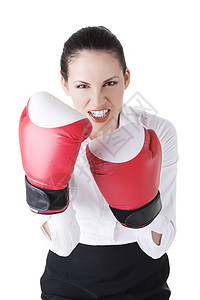 带拳手套的年轻女商务人士斗争工作室商务女性白色拳头红色套装生意人拳击图片