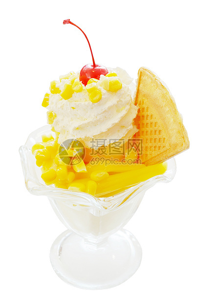 与热带水果隔离的美味冰淇淋图片