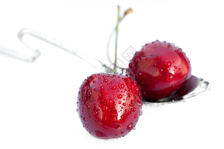 白勺子中含水滴的樱桃 白勺子与白勺子隔绝藤蔓水果食物浆果植物紫色叶子美食摄影图片