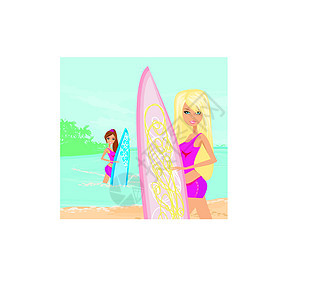 海滩上有冲浪板的漂亮女孩图片