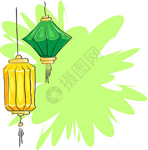 中国灯笼装饰框架风格艺术问候语庆典灯光节日绿色绘画图片