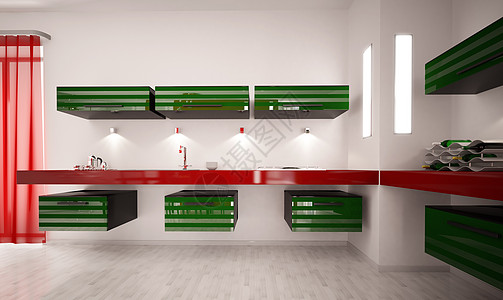 现代3d型厨房内部白色房子架子黑色红色木地板木头房间炊具绿色图片