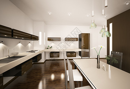 现代3d型厨房内部木头反射棕色合金白色地面椅子褐色桌子金属图片