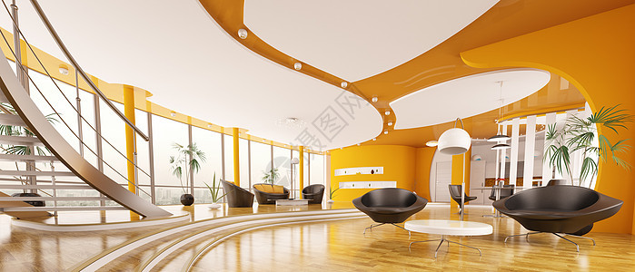现代公寓内部设计3d型全景三版长椅楼梯橙子走廊天花板家具大厅木头建筑学扶手椅图片