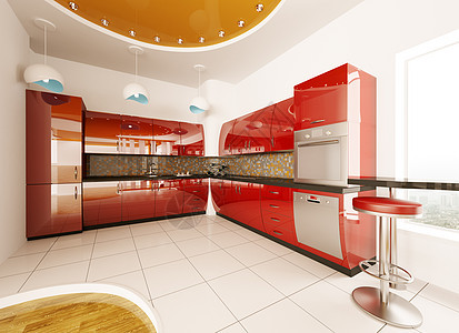 现代厨房内部设计 3d Made橙子房间房子黑色白色窗户木头瓷砖凳子地面图片