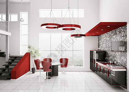 现代厨房内部3d炊具楼梯配件兜帽玻璃椅子用餐金属窗户瓷砖图片