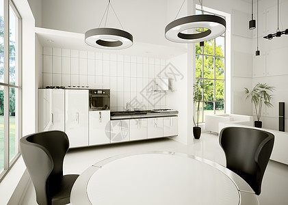 现代厨房内部3d沙发房间白色面板炊具扶手阁楼椅子合金桌子图片
