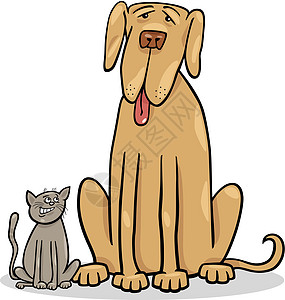 小猫和大狗卡通插图虎斑犬类宠物大雨小狗漫画尾巴卡通片友谊绘画图片