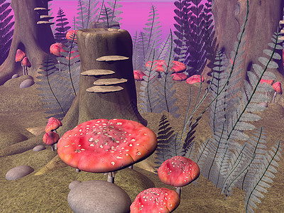 森林中喷雾的蘑菇  3D制成阳光石头叶子树干紫色树叶精灵菌类森林魔法图片