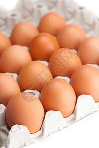 在包件中的鸡蛋 在白色上隔开团体棕色椭圆形纸板早餐店铺市场营养生产纸盒背景图片