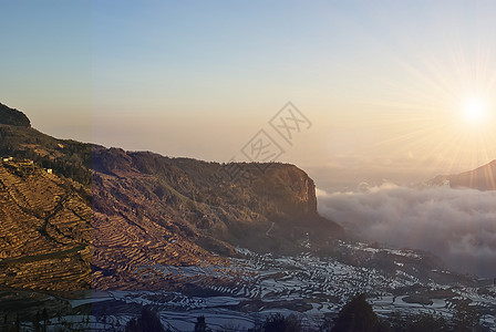 中国元阳帝的美丽风景农业树木山脉林业金光旅游图片