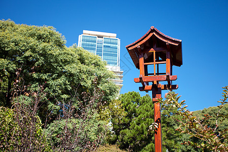 蓝天和摩天大楼背景的日本灯笼上图片