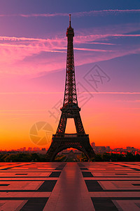 法国巴黎辉光城市蓝色首都火焰天空背光紫色橙子旅行图片