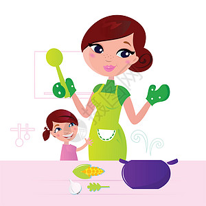 妈妈在厨房里和孩子一起做健康食品图片