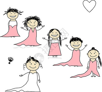 与伴娘的新娘为你的设计设计团体女性庆典卡通片裙子花束乐趣艺术微笑女孩们图片