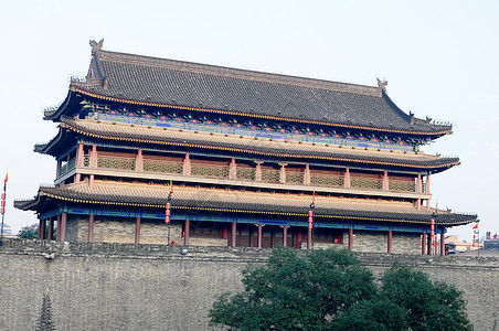 中国西安历史城市天空中心历史性石头建筑学灯笼观光旅行图片