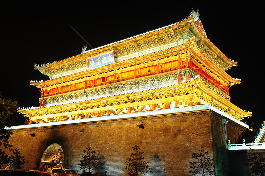 中国西安鼓塔灯光历史性地标黑色旅行建筑钟楼建筑学天空风景图片