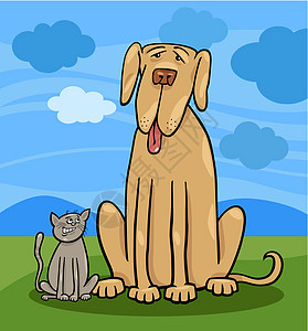 小猫和大狗卡通插图绘画公园场地动物友谊鼻子吉祥物宠物场景天空图片
