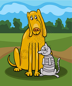 狗和猫在友谊中的漫画插图场景虎斑犬类场地宠物小猫大雨公园天空鼻子图片